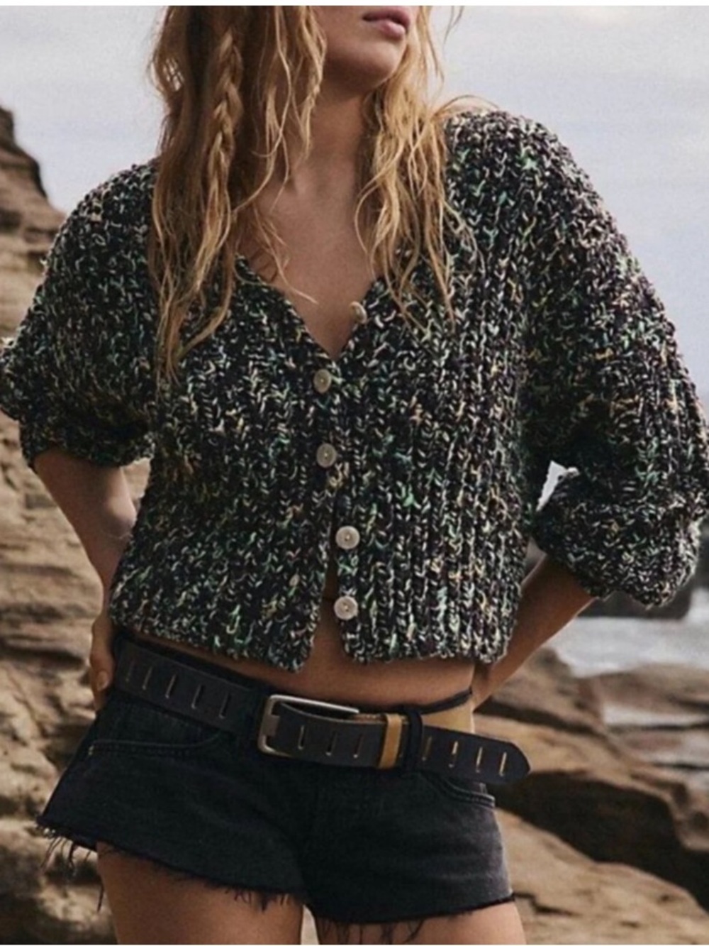 Free People Flea Market Cardigan- Chunky Knit- Camp Crush- Size Large- NWT